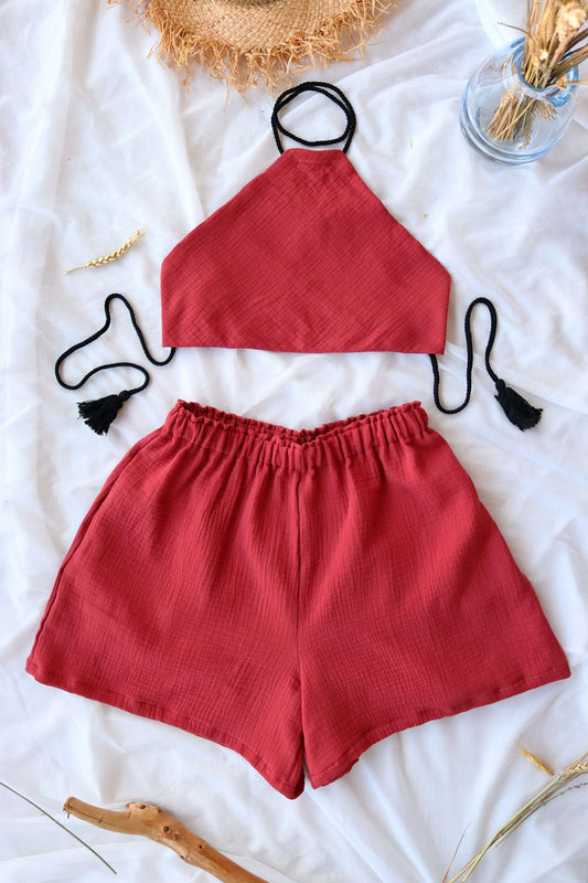 Dark Red Organic Cotton Summer Shorts and Top Set