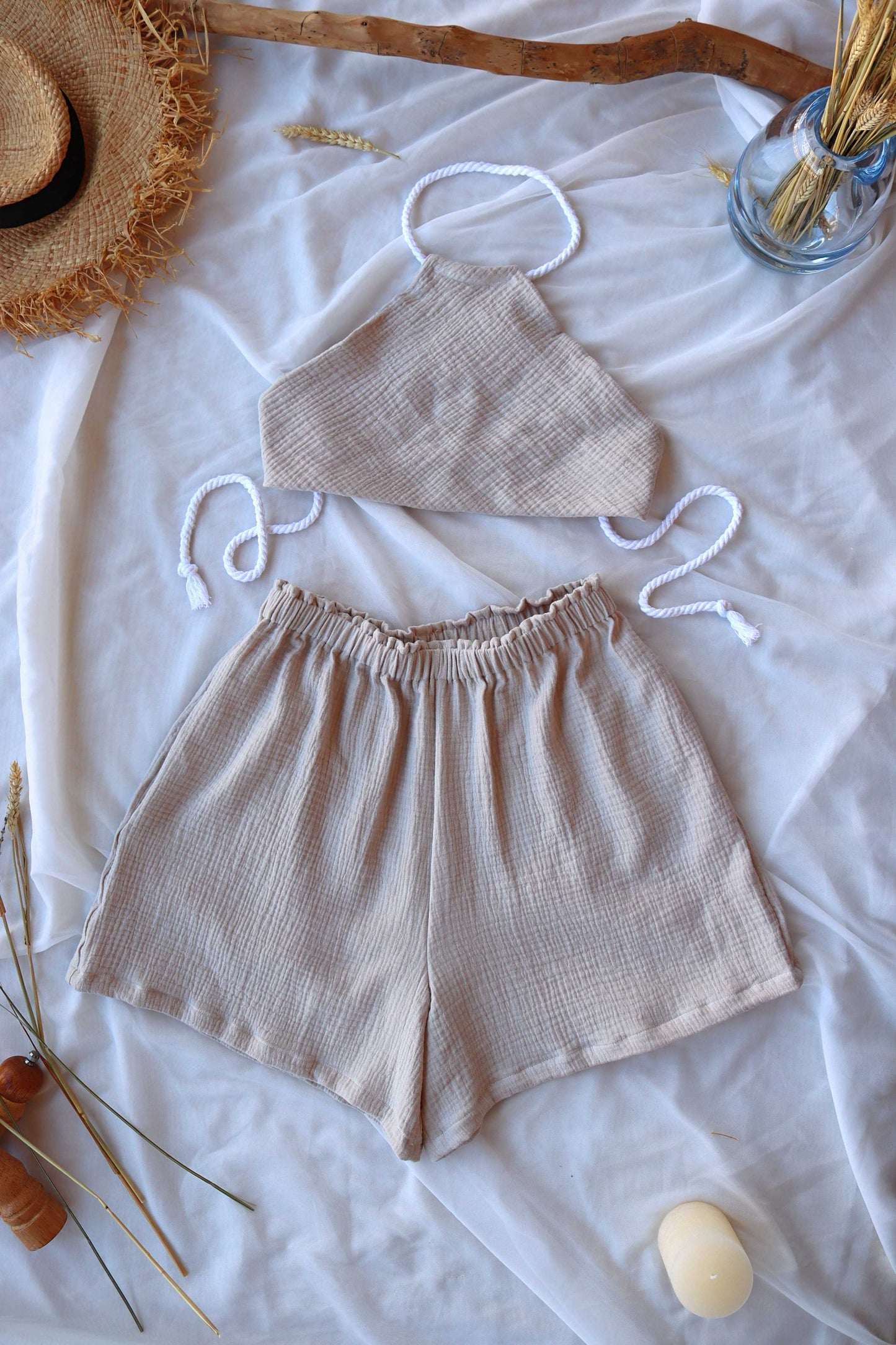 Sandy Beige Organic Cotton Summer Shorts and Top Set