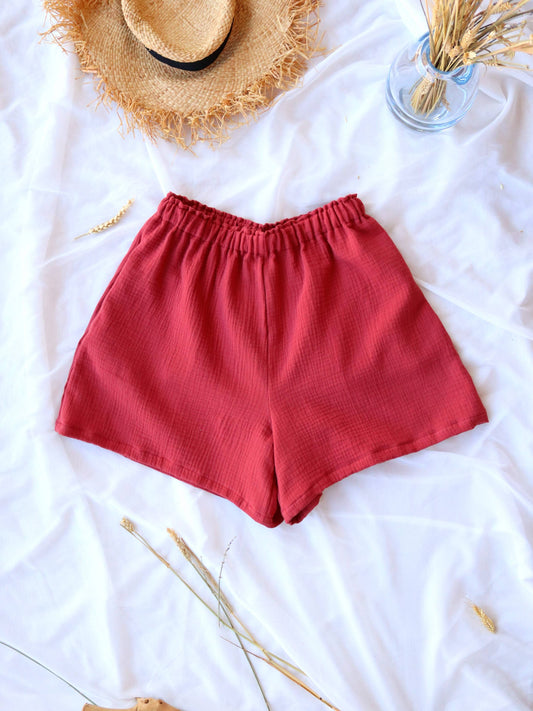 Dark Red Organic Cotton Summer Shorts